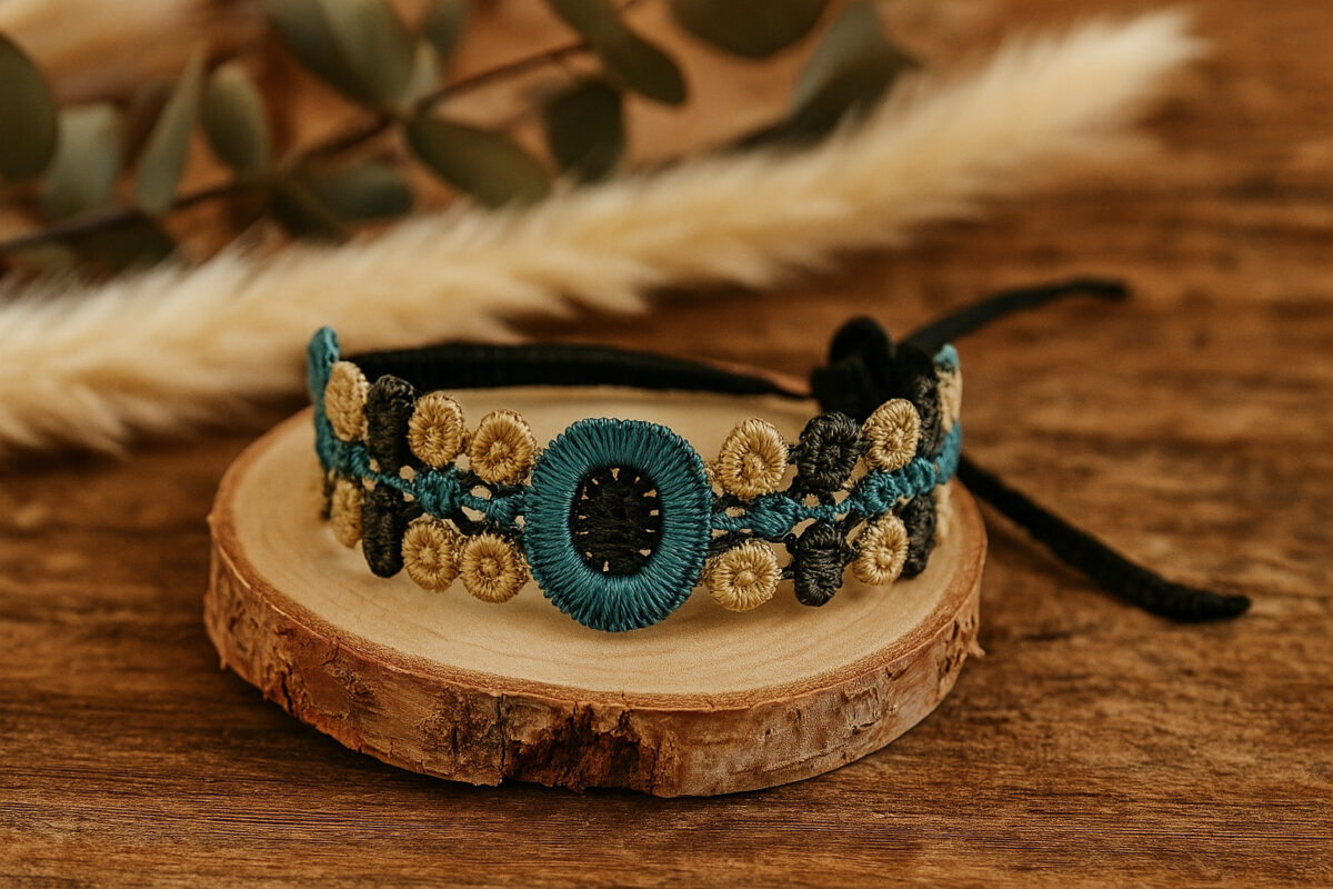 Les bracelets pour la nouvelle année : un cadeau intemporel et personnel Bracelet macramé bleu beige sur bois rustique