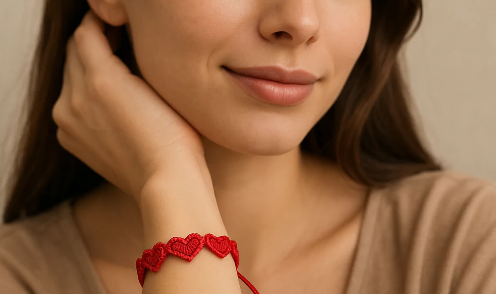 Fédération Indépendante du Made in France : Guider le consommateur engagé bracelet femme macrame coeurs rouge en tissu fond neutre