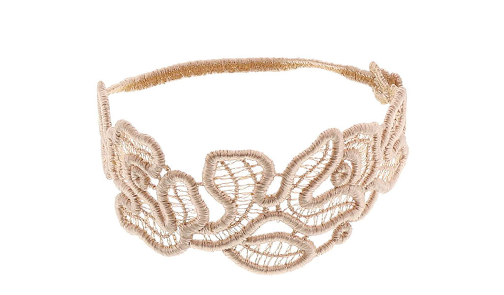 Bracelet manchette en tissu feuilles beige