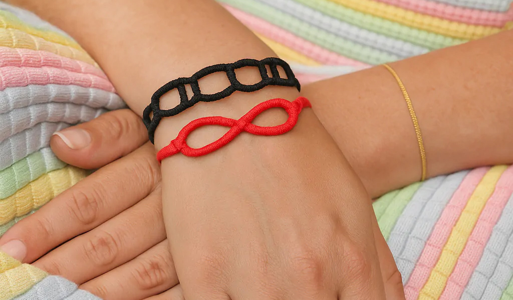 Les meilleures façons de superposer vos bracelets pour un look tendance Poignet feminin orne de bracelets infini rouge et tissu