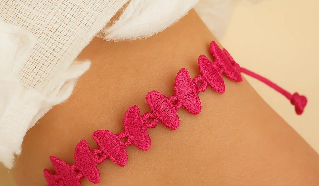 Les bracelets en tissu réglables : Pourquoi ils sont pratiques et comment les ajuster facilement Doux bracelet papillons roses en tissu sur le poignet