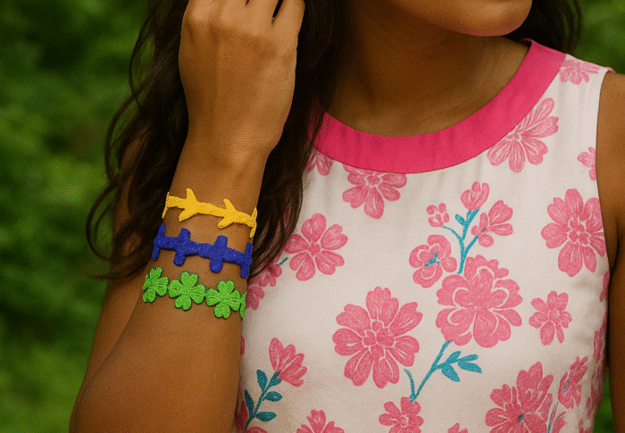 Bracelet en tissu sans fermoir, pratique et élégant à la fois Bracelet en tissu sans fermoir porté avec une robe fleurie