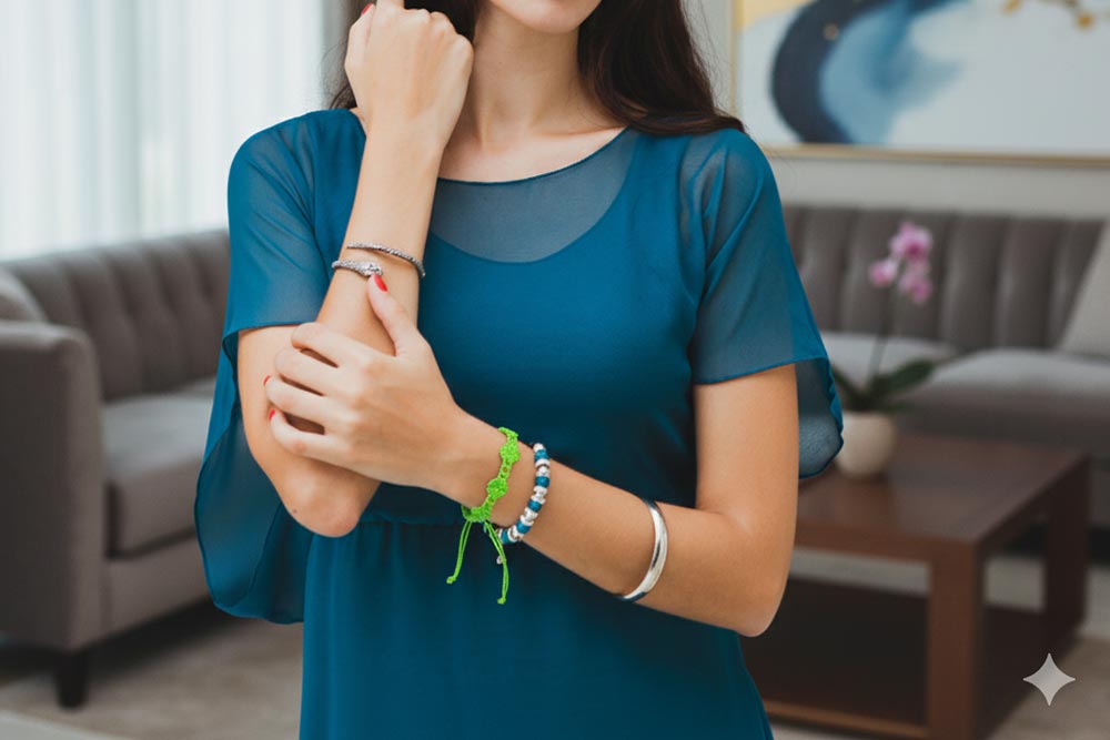 Bracelet femme rigide superposé avec bracelet en tissu