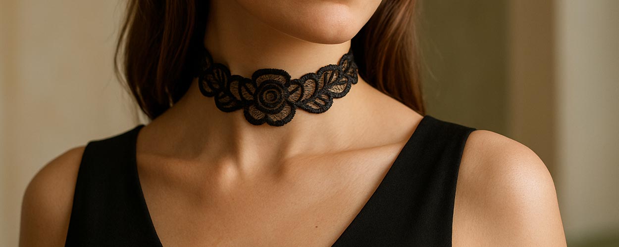 Collier noir ras de cou ou tissu brodé