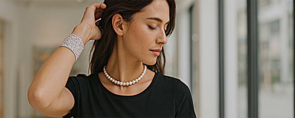 Collier ras de cou en perles accompagné de bracelet en tissu