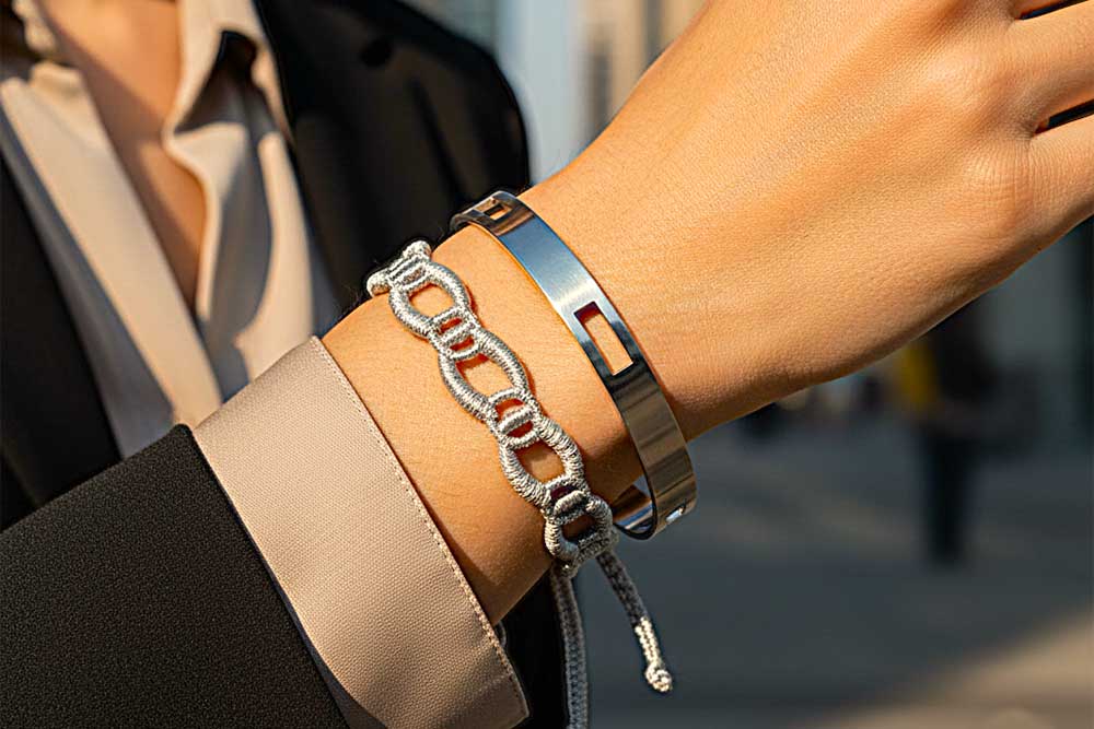 Mixer bracelet en acier et bracelet en tissu : la combinaison qui fait briller ! Combinaison bracelet en acier et bracelet en tissu