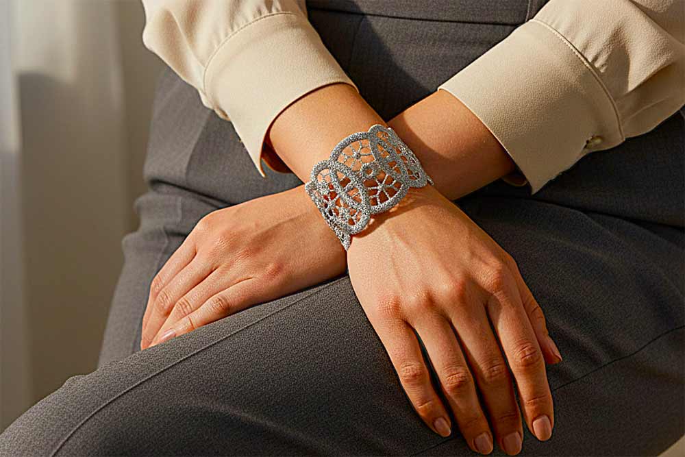 Bracelet manchette en argent plaqué sur tissu