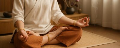 Jonc bouddhiste combiné avec un bracelet en fil satiné