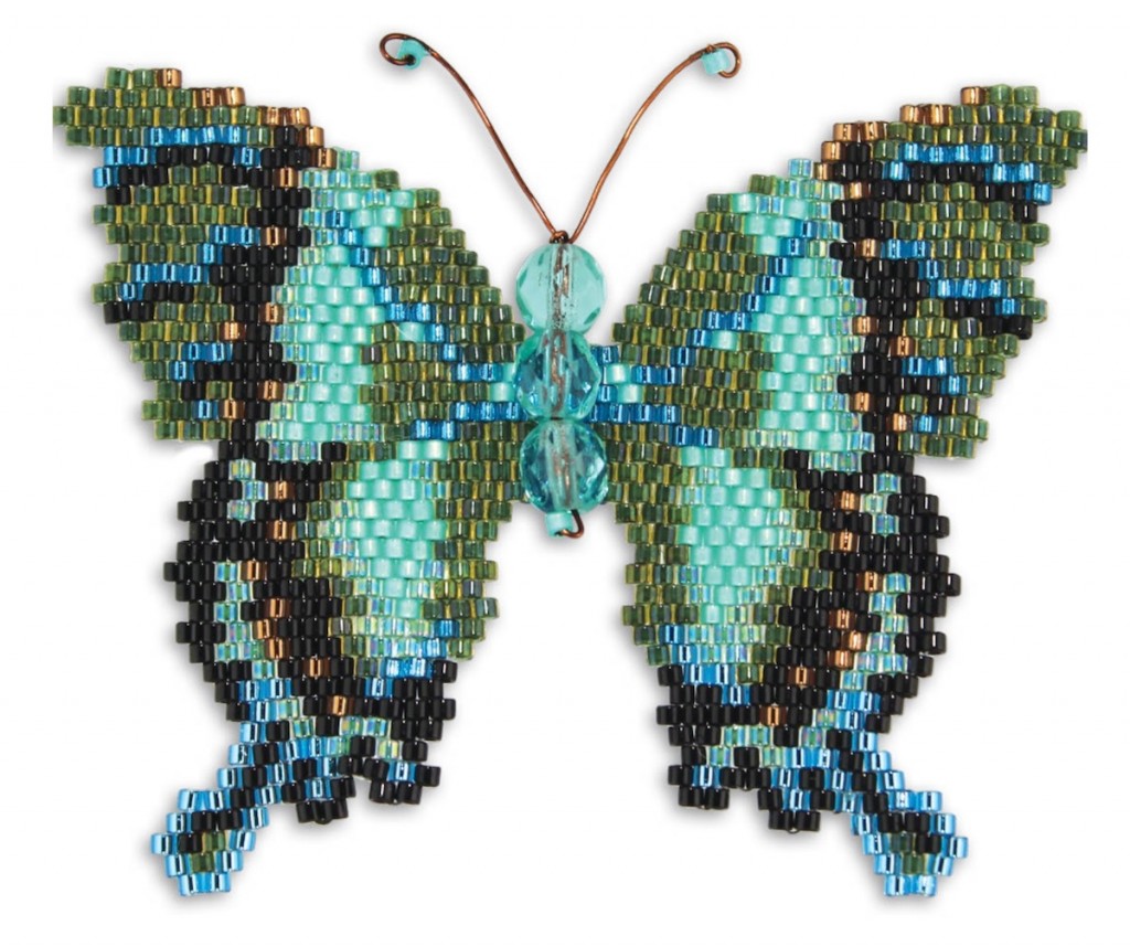 Papillon machaon vert émeraude, design brick stitch, par Karen Parker