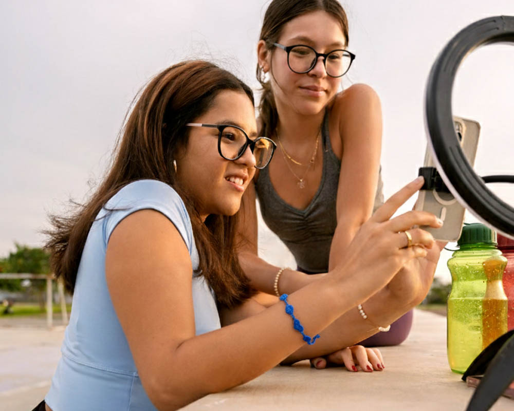 Deux filles préparent une vidéo TikTok avec un bracelet simple