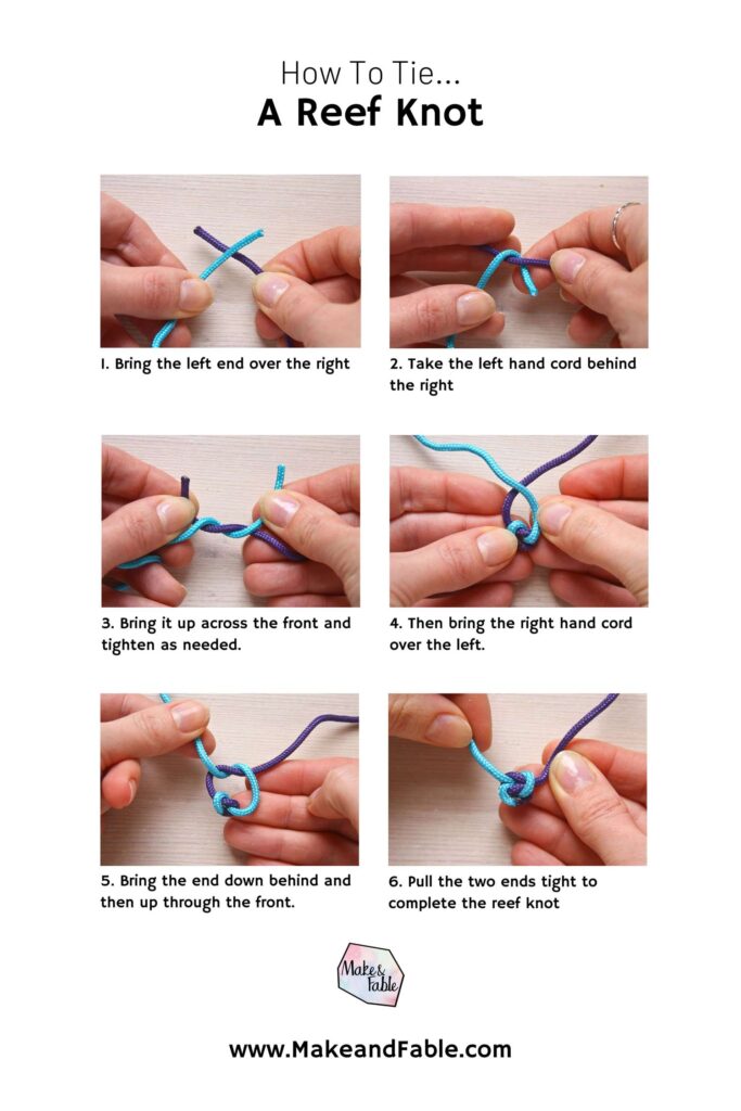 Comment fabriquer un bracelet en perles - graphique montrant comment faire un nœud récifal, avec 6 photos utilisant un cordon violet et bleu