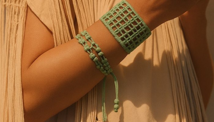 Une paire de bracelet ajouré fait en tissu de couleur verte Une paire de bracelet ajouré fait en tissu de couleur verte